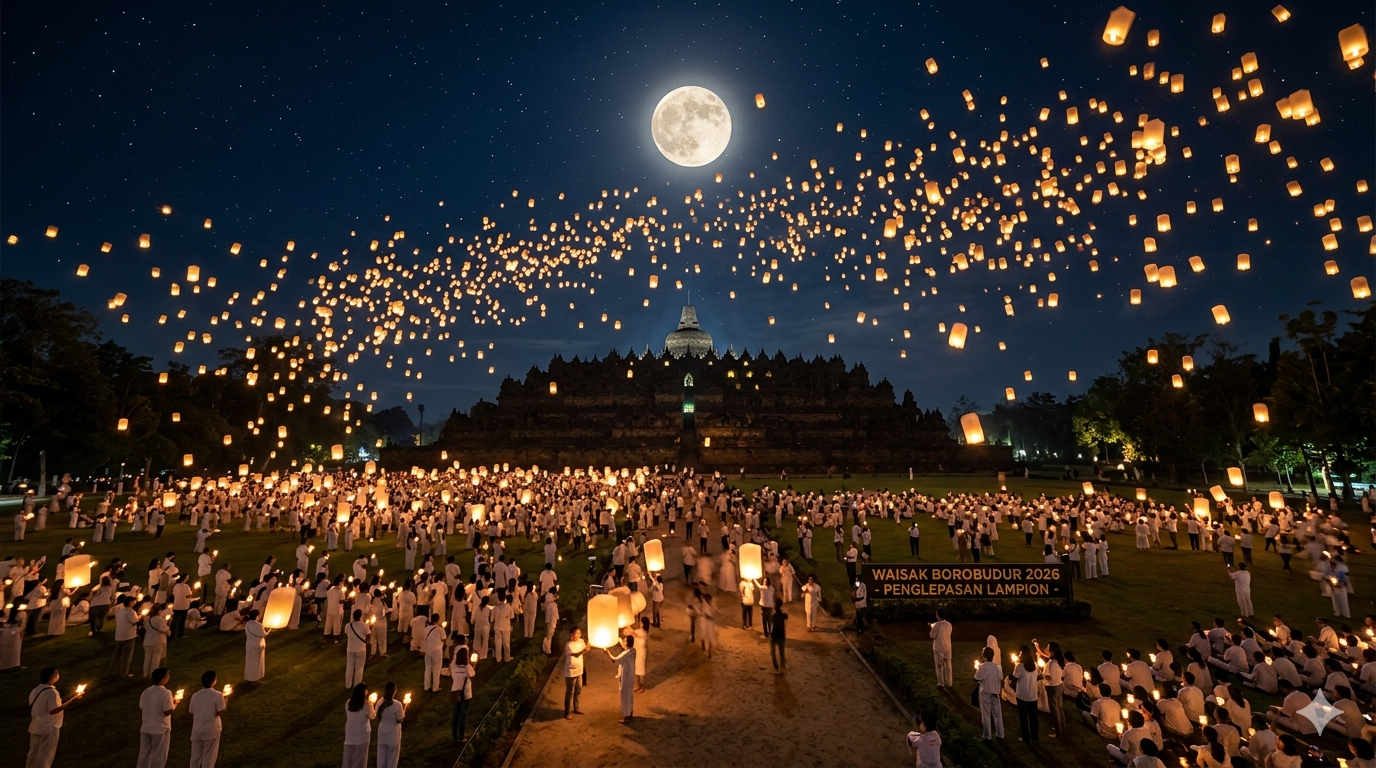 2026年5月31日 ボロブドゥール遺跡ワイサック祭のランタン上げ。満月の夜、地上から放たれる無数のランタンと遺跡の遠景。